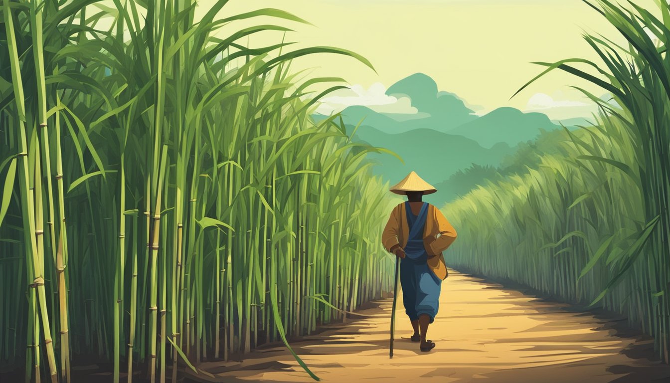 A lush field of sugarcane sways in the breeze, ready for harvesting. A farmer uses a machete to cut the tall stalks, while others gather the cane into piles