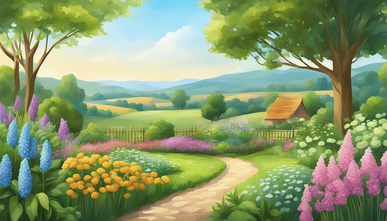 A serene countryside landscape with a small, flourishing garden filled with various plants and flowers used for natural sweeteners