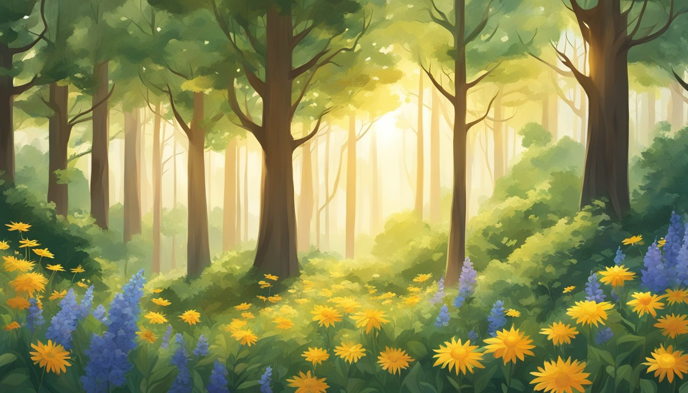 A serene forest with vibrant wildflowers and buzzing bees, surrounded by towering, sun-dappled trees