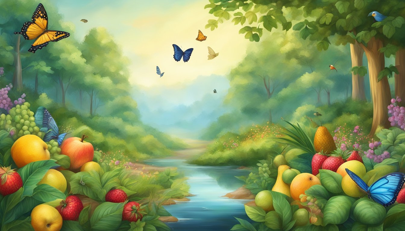 A serene forest clearing with a variety of colorful fruits and plants, surrounded by butterflies and birds, with a sense of calm and clarity in the air