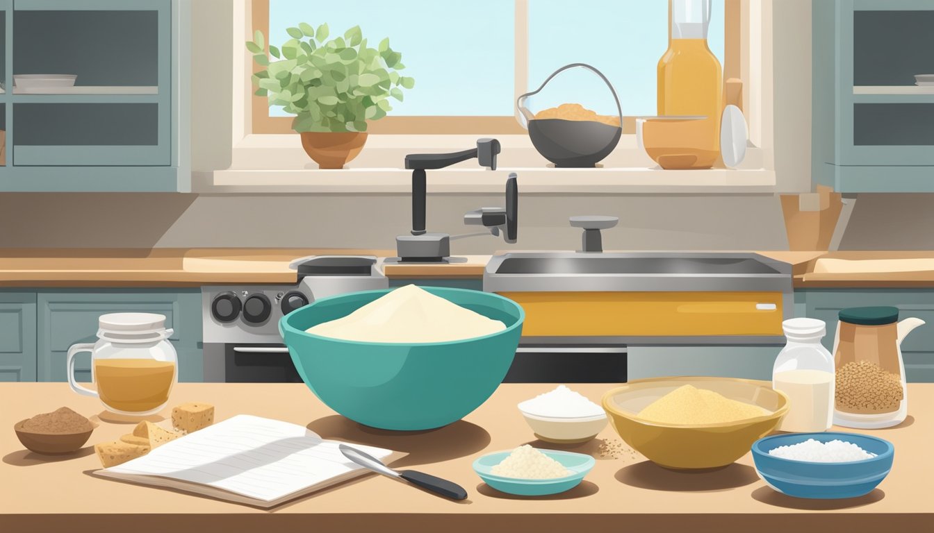 A kitchen counter with assorted baking ingredients and utensils, including a mixing bowl, measuring cups, and a recipe book open to a page on sugar-free baking