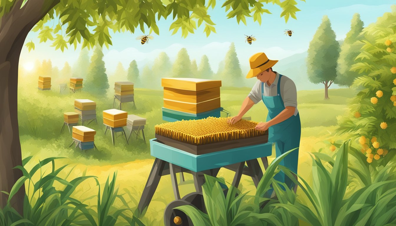 A lush garden with beehives, sugar cane, and maple trees. A person harvesting honey, cutting sugar cane, and tapping maple sap