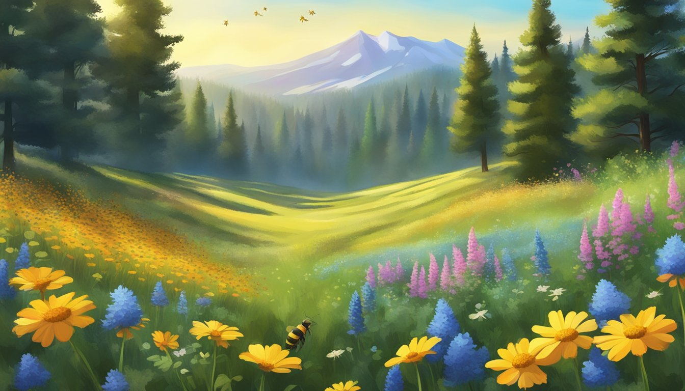 A serene meadow with colorful wildflowers and buzzing bees, surrounded by tall trees and a clear blue sky above