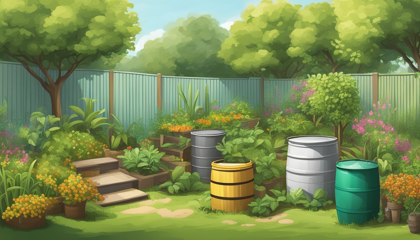 A lush garden with beehives, fruit trees, and sugar cane. A compost bin and rain barrels show sustainable practices