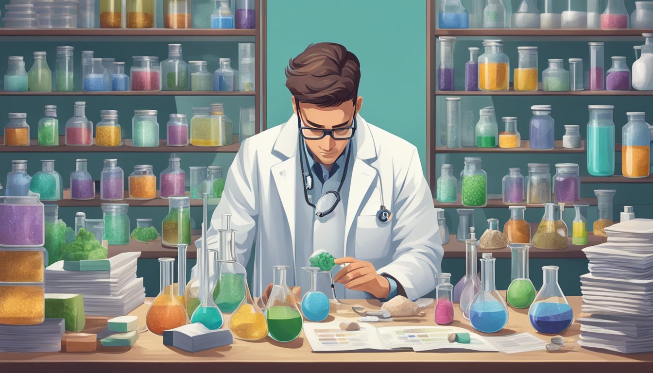 A scientist in a lab coat examines test tubes filled with natural sweeteners and brain models, surrounded by research papers and equipment