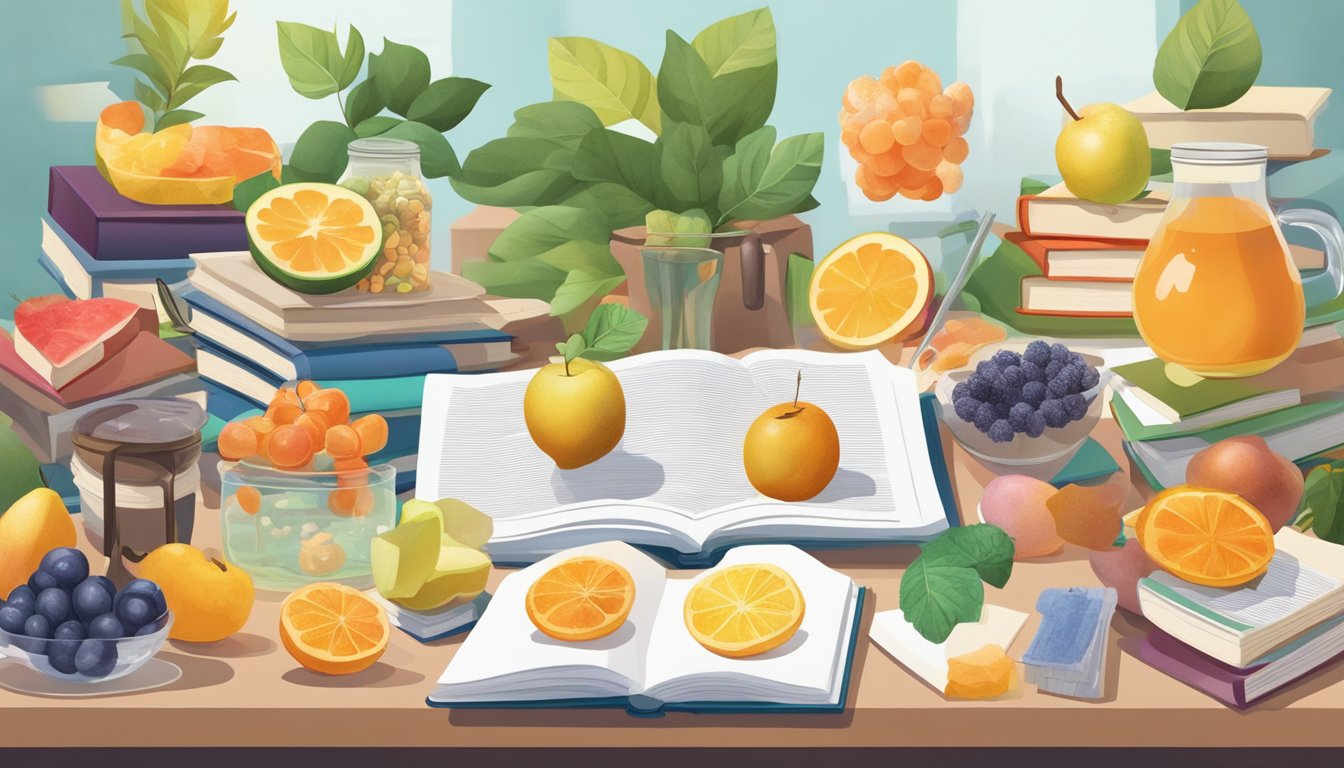 A table with various natural sweeteners and brain-shaped fruits surrounded by books and research papers