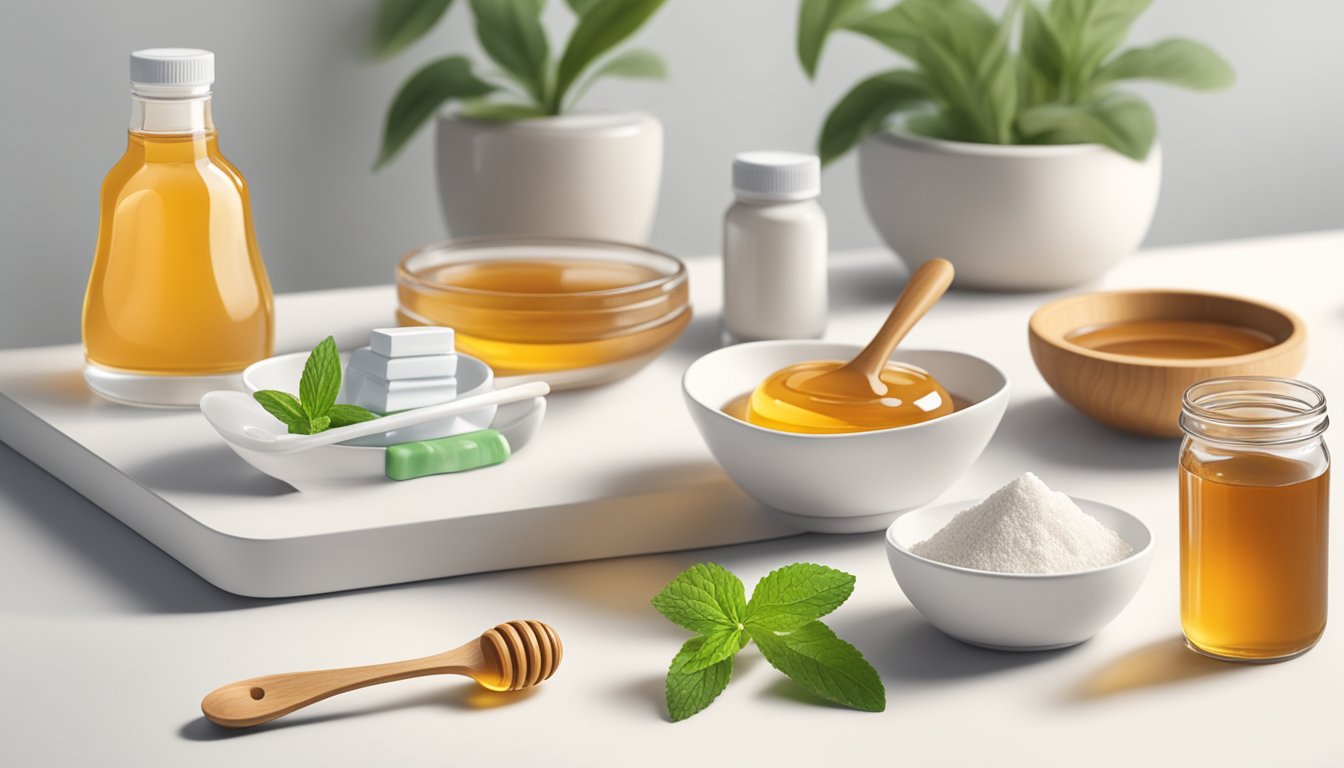 A variety of natural sweeteners, such as honey, stevia, and maple syrup, arranged next to a toothbrush and toothpaste on a clean, white countertop