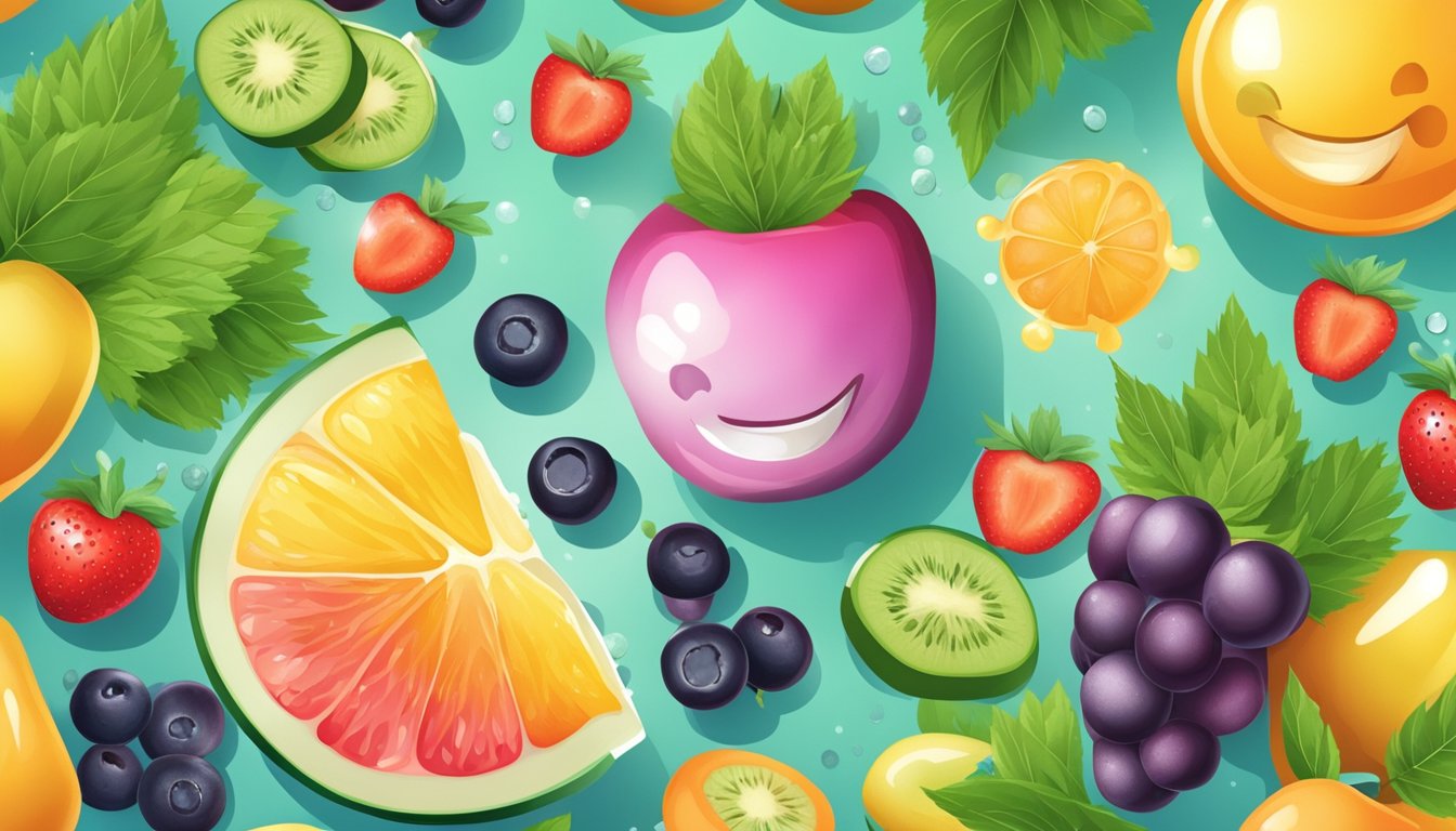 A colorful array of fruits, honey, and stevia leaves surrounded by sparkling, healthy teeth and a smiling mouth