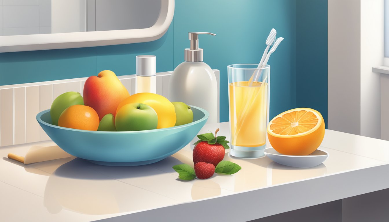 A bowl of fresh fruits and a glass of water next to a toothbrush and toothpaste on a bathroom counter