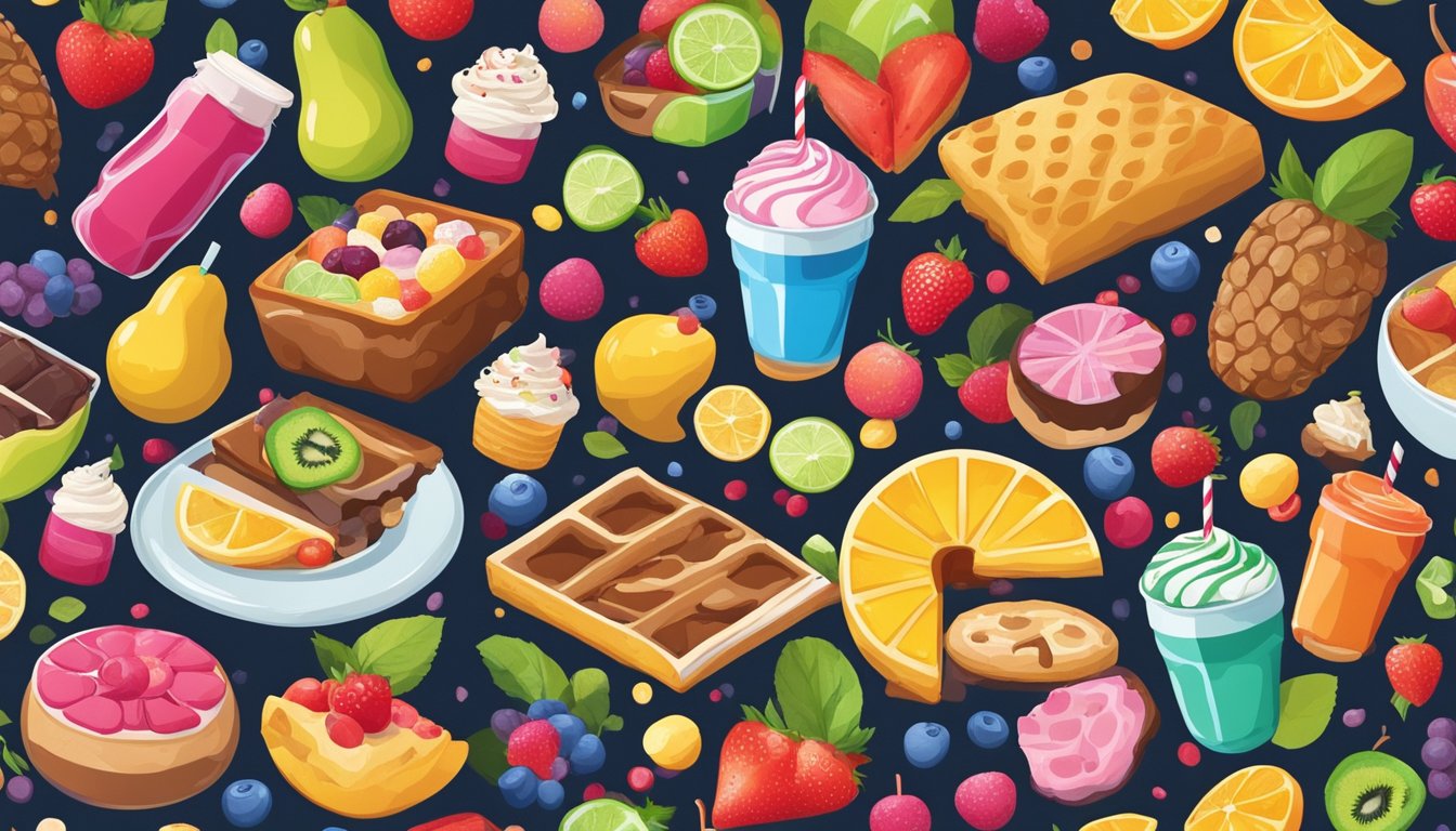 A variety of food and beverage items, such as fruits, sodas, and desserts, surrounded by swirling, colorful sweetener sensations