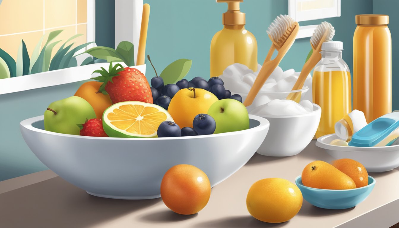 A bowl of assorted fruits and honey jars next to a toothbrush and toothpaste on a bathroom counter