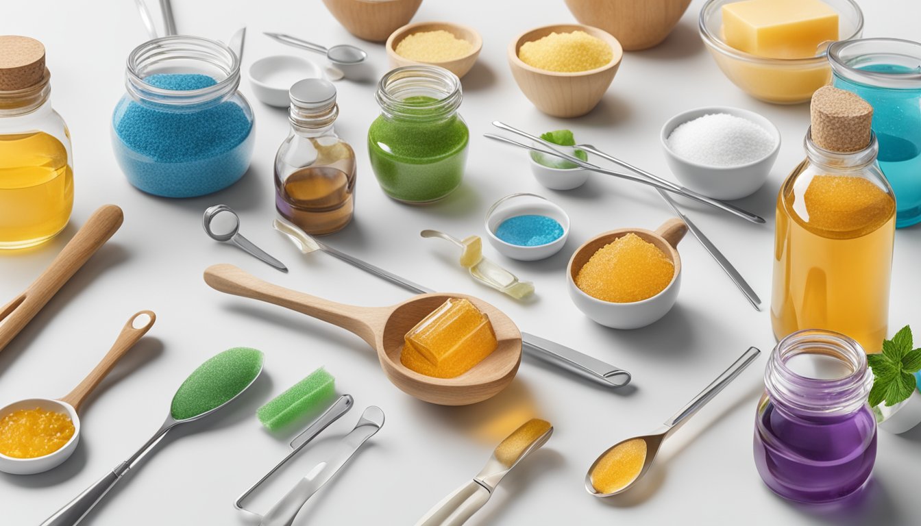 A variety of natural sweeteners and dental tools arranged on a clean, white surface