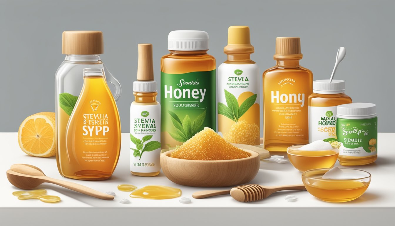 A variety of natural sweeteners, such as honey, stevia, and maple syrup, are displayed alongside dental tools and toothbrushes on a clean, white countertop