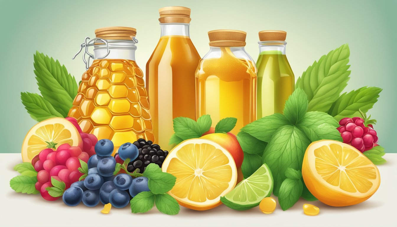 A colorful array of natural sweeteners, such as honey, stevia, and agave, surrounded by vibrant fruits and vegetables, with a gleaming set of teeth in the background