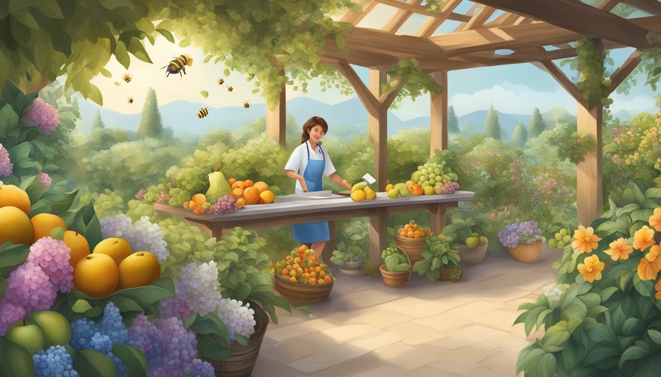 A serene garden with a variety of fruits and flowers, bees buzzing around, and a dentist's office with a smiling patient