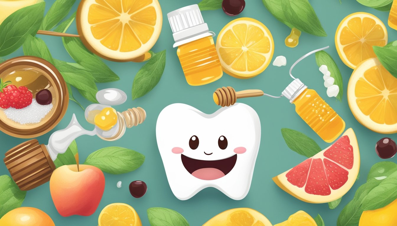 A smiling tooth surrounded by natural sweeteners like honey, stevia, and fruit, with a dental floss nearby