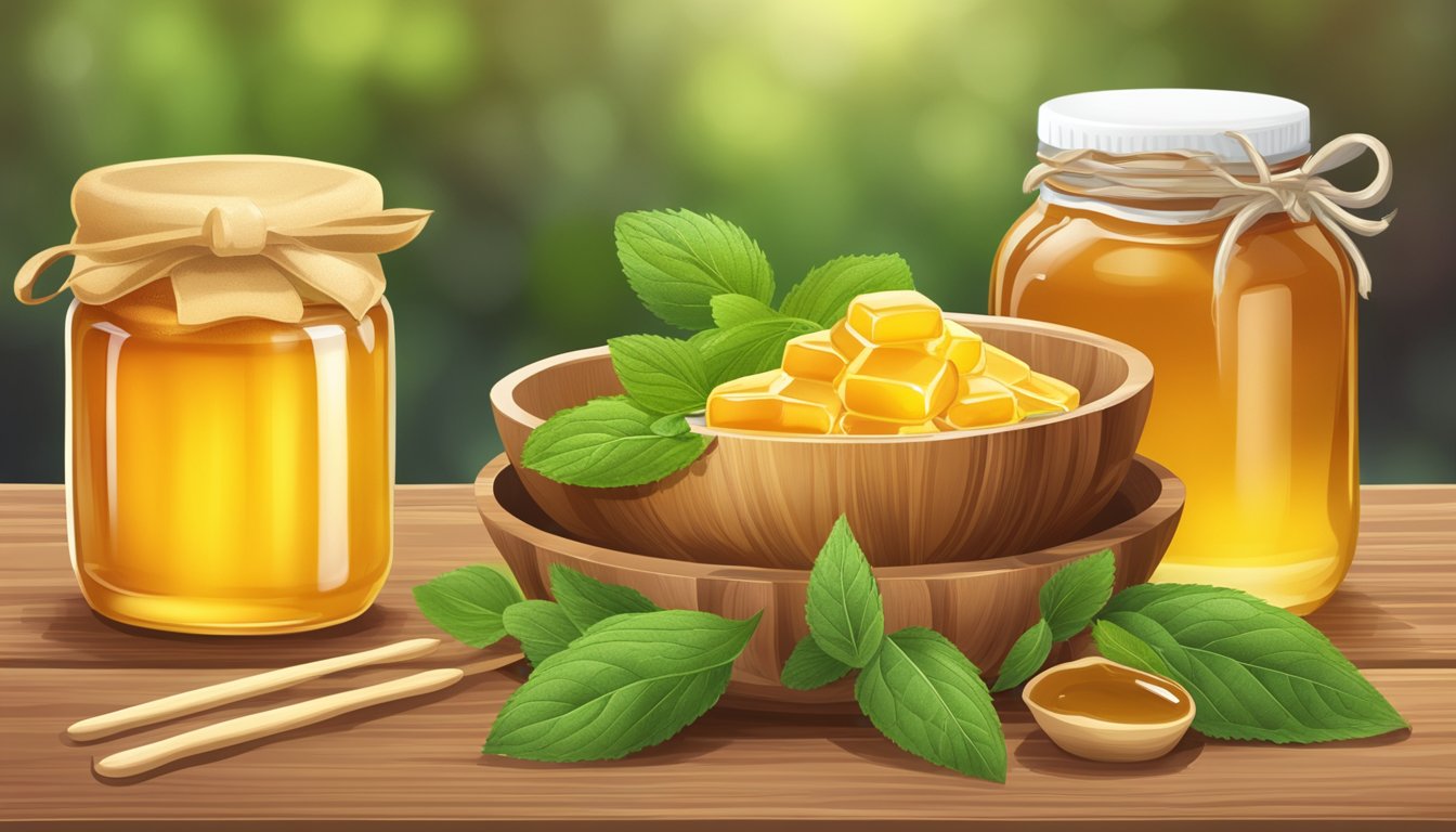 A jar of honey and a bowl of stevia leaves on a wooden table, surrounded by fresh fruits and a toothbrush