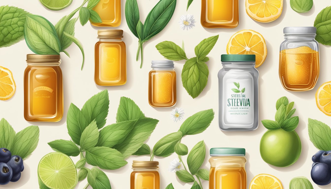 A variety of natural sweeteners such as honey, stevia, and agave are displayed alongside fresh fruits and herbs, emphasizing their connection to skin health