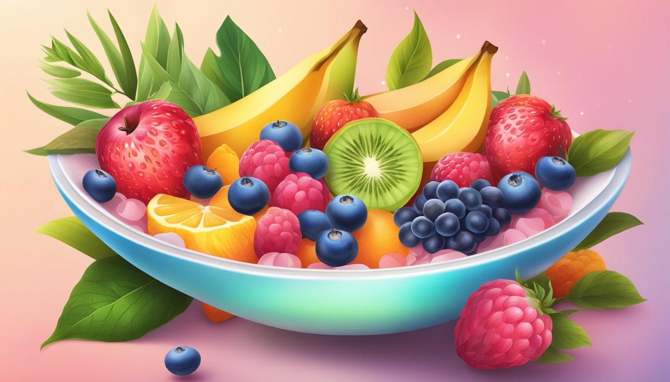 A bowl of fresh fruits and natural sweeteners, surrounded by vibrant flowers and plants, with a glowing, radiant skin texture in the background