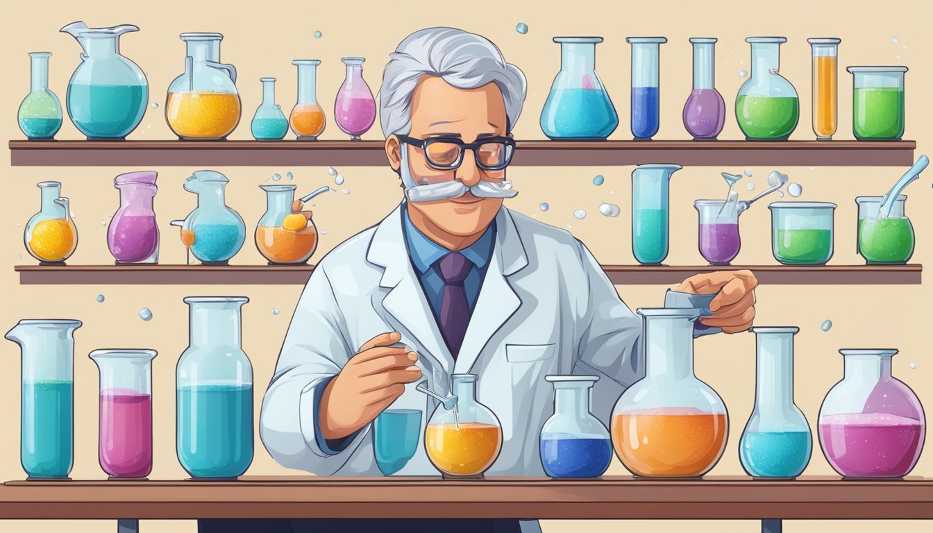 A scientist pours different sweeteners into beakers, mixing and evaluating their reactions under a microscope