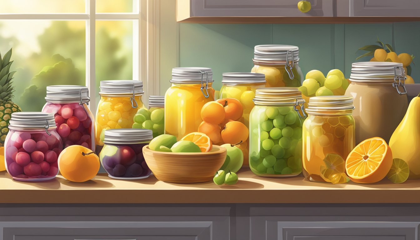 A colorful array of fruits and honey jars arranged on a kitchen counter, with a soft glow of natural light streaming in through a nearby window