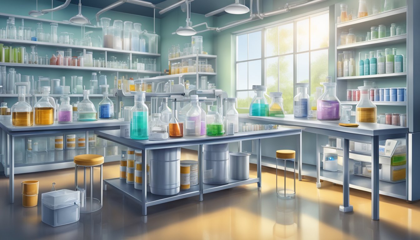 A laboratory setting with various safety equipment and regulatory documents, showcasing the synergy of sweeteners in a scientific environment