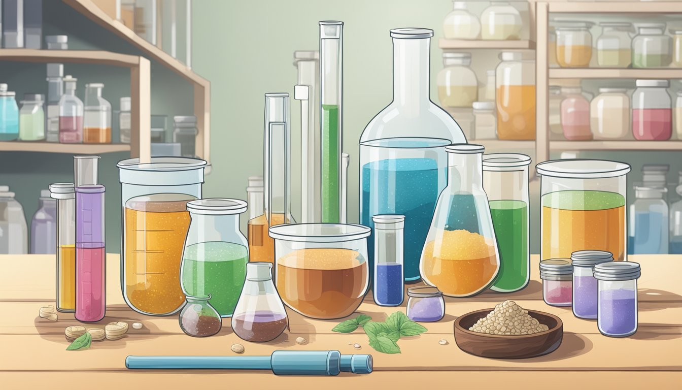 A laboratory setting with test tubes and beakers filled with various natural sweeteners, alongside a diagram of the digestive system, indicating their potential impact on gut health