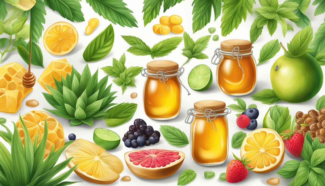 A variety of natural sweeteners (honey, stevia, agave) surrounded by vibrant fruits and plants, with a focus on skin-friendly ingredients