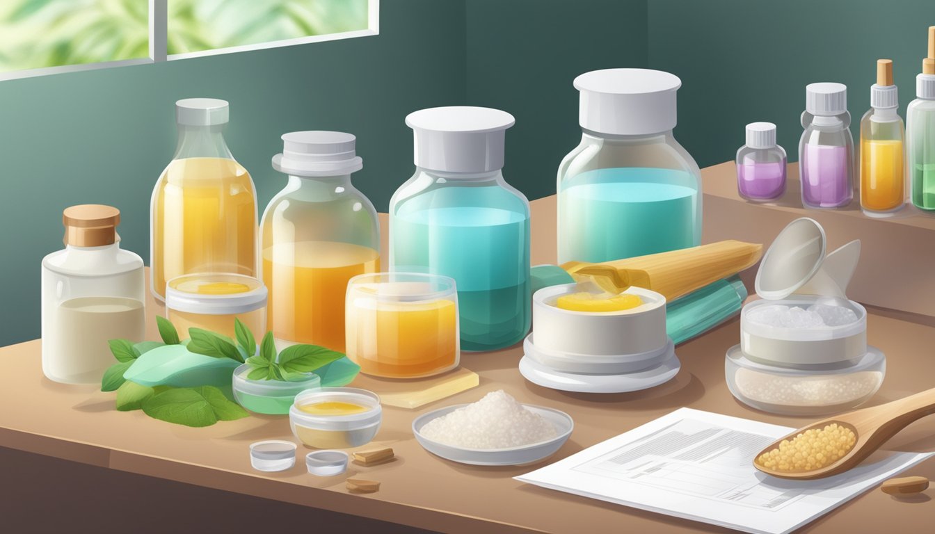 A laboratory setting with various natural sweeteners and skin care products, surrounded by regulatory documents and safety equipment