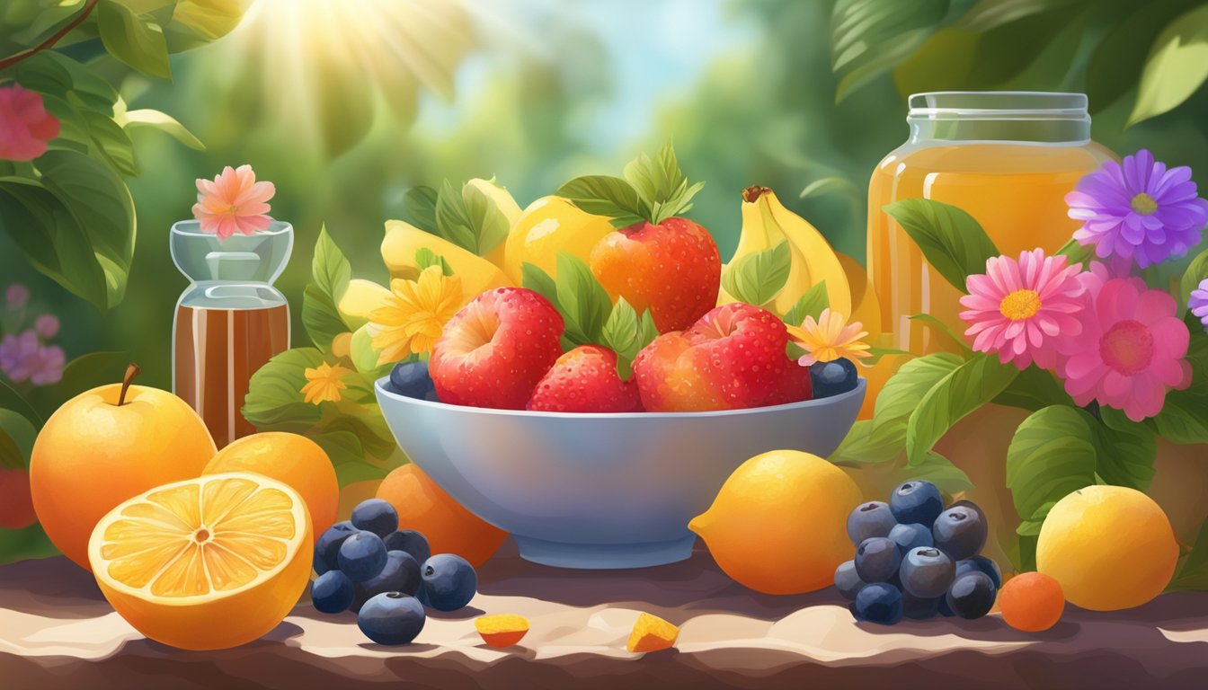 A bowl of fresh fruits and natural sweeteners, surrounded by vibrant flowers and greenery, with a gentle sunlight casting a warm glow over the scene