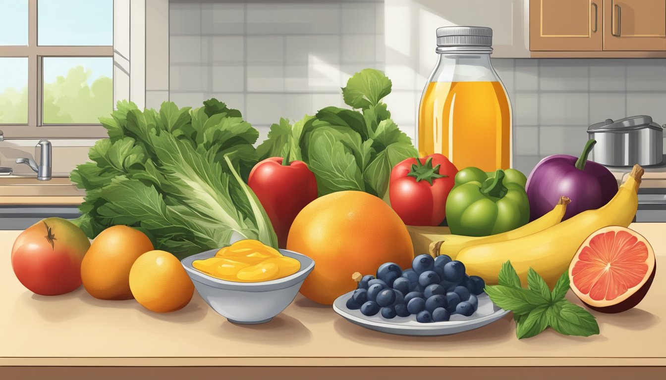 A colorful array of fruits and vegetables arranged on a kitchen counter, with a jar of honey and a bowl of stevia leaves nearby