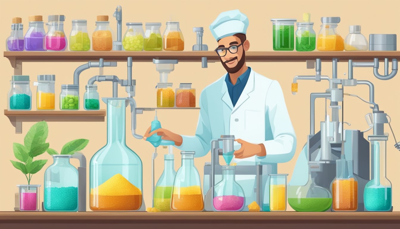 A laboratory setting with various natural ingredients and scientific equipment, showcasing the process of creating innovative sweeteners for future use