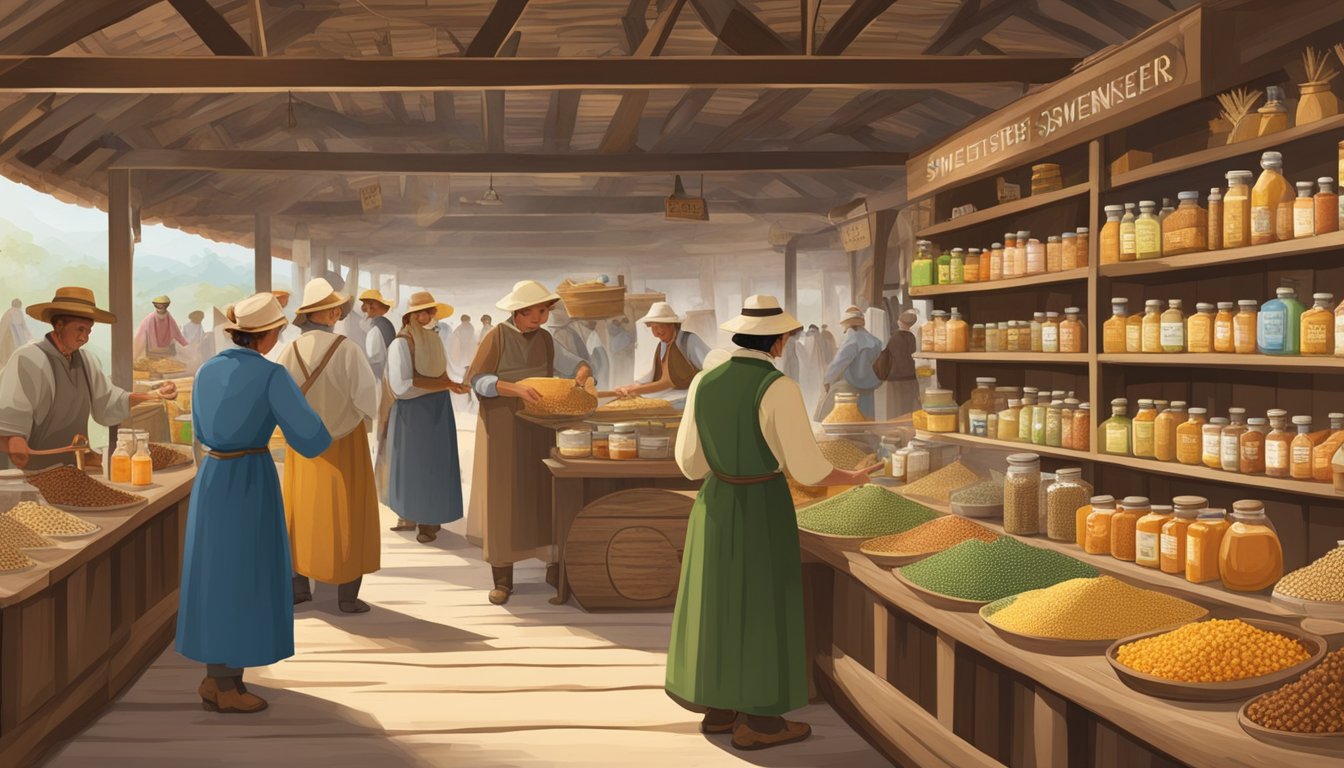 A bustling marketplace with vendors selling a variety of natural sweeteners like honey, maple syrup, and stevia. A display of historical artifacts shows the cultural significance of sweeteners in different societies