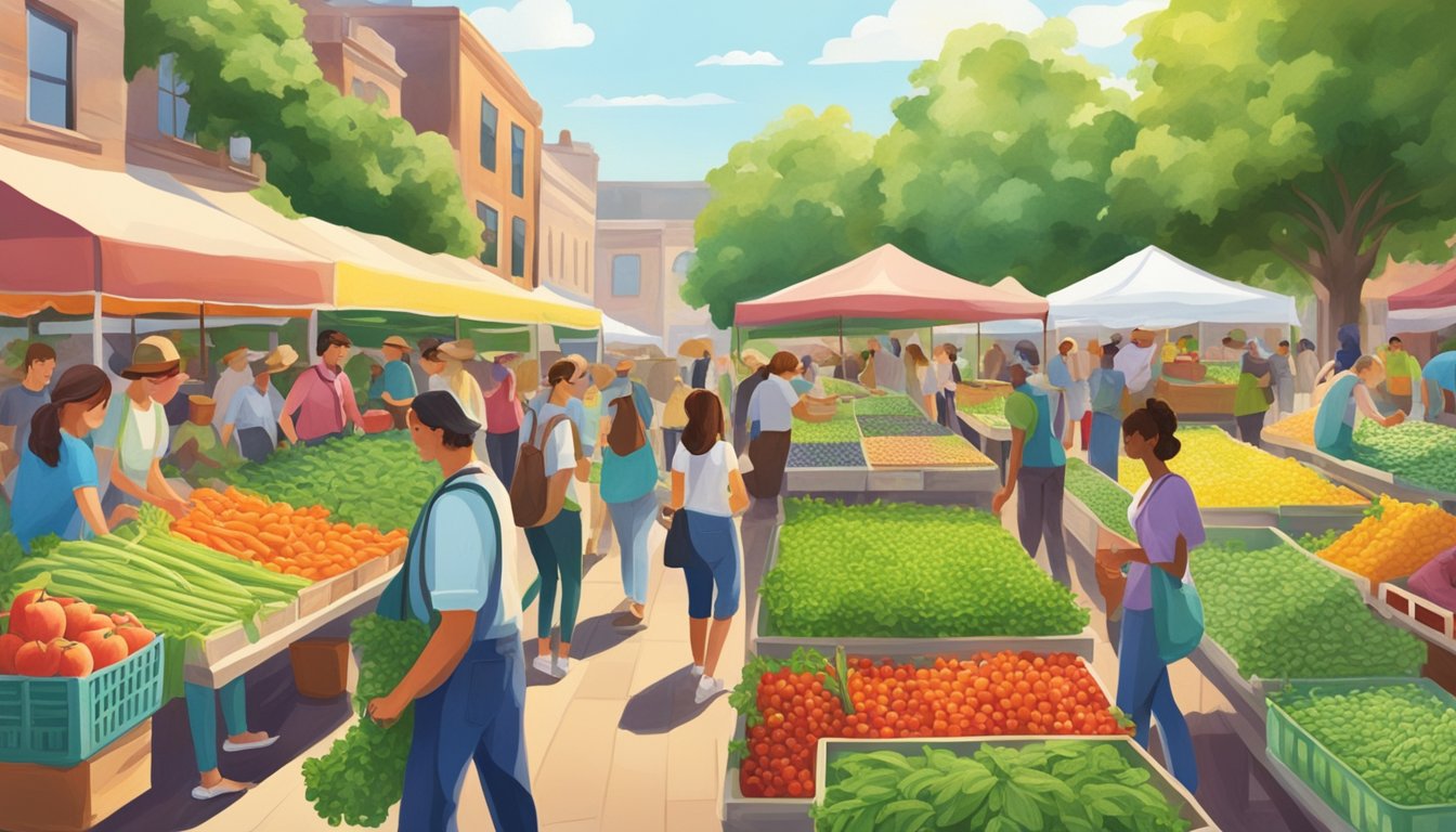 A vibrant field of stevia plants growing alongside a bustling farmer's market, with people purchasing and enjoying fresh fruits and vegetables