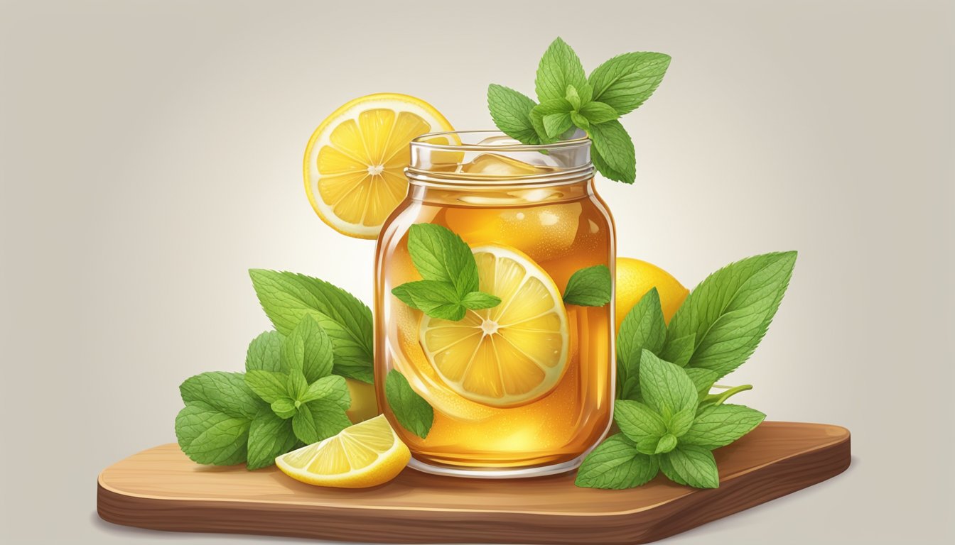 A glass of iced tea with a slice of lemon and a sprig of mint, surrounded by fresh fruit and a jar of honey