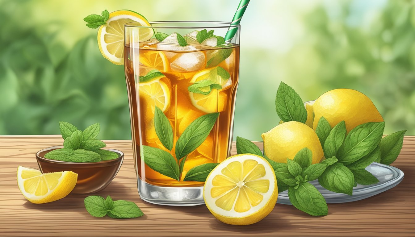 A glass of iced tea with a lemon wedge, surrounded by fresh fruit and herbs, with a stevia plant in the background