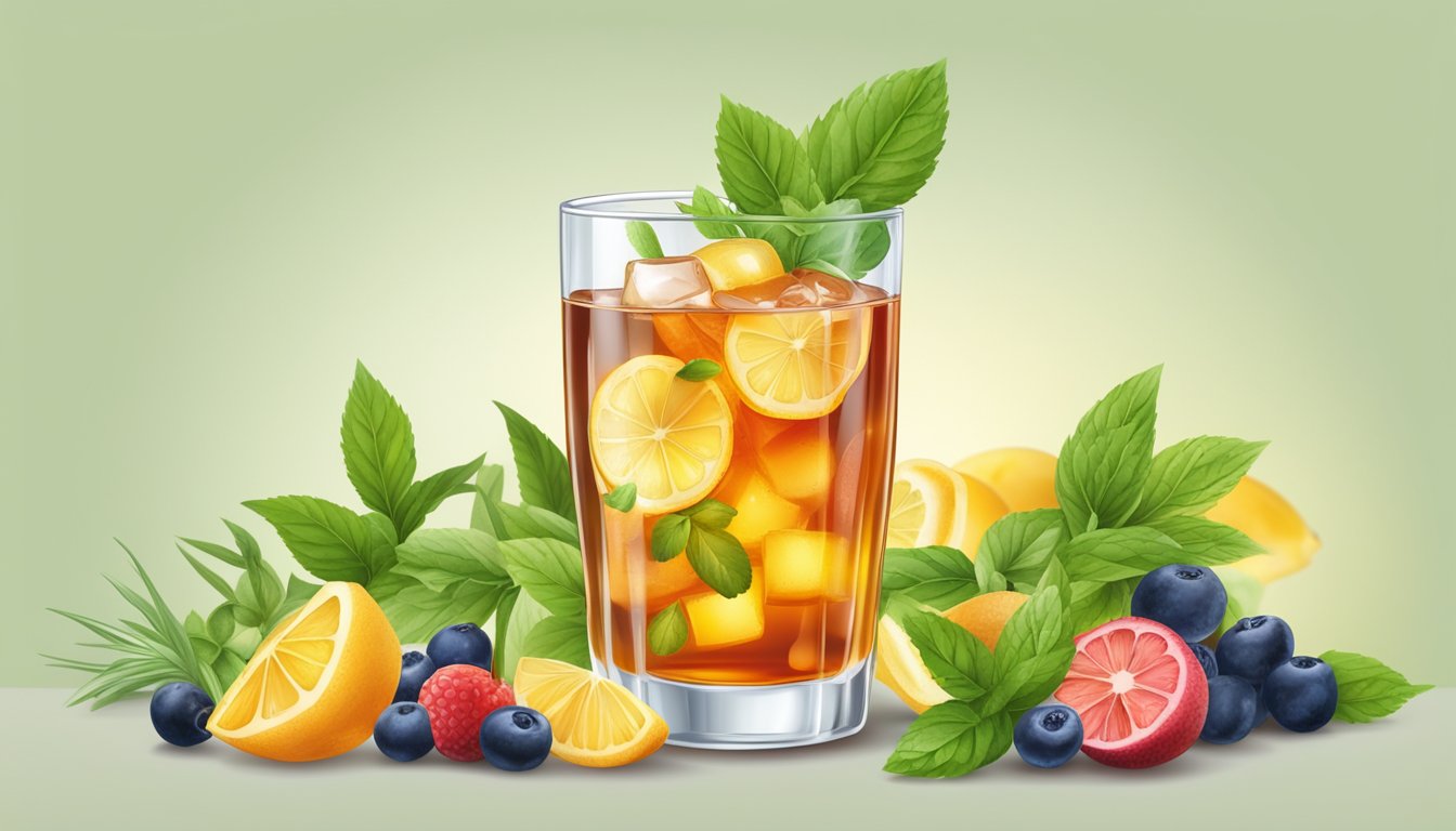 A glass of iced tea with natural sweeteners, surrounded by fresh fruit and herbs