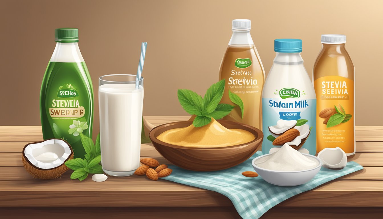 Various natural sweeteners (stevia, agave, maple syrup) displayed next to dairy alternative products (almond milk, coconut yogurt) on a wooden table