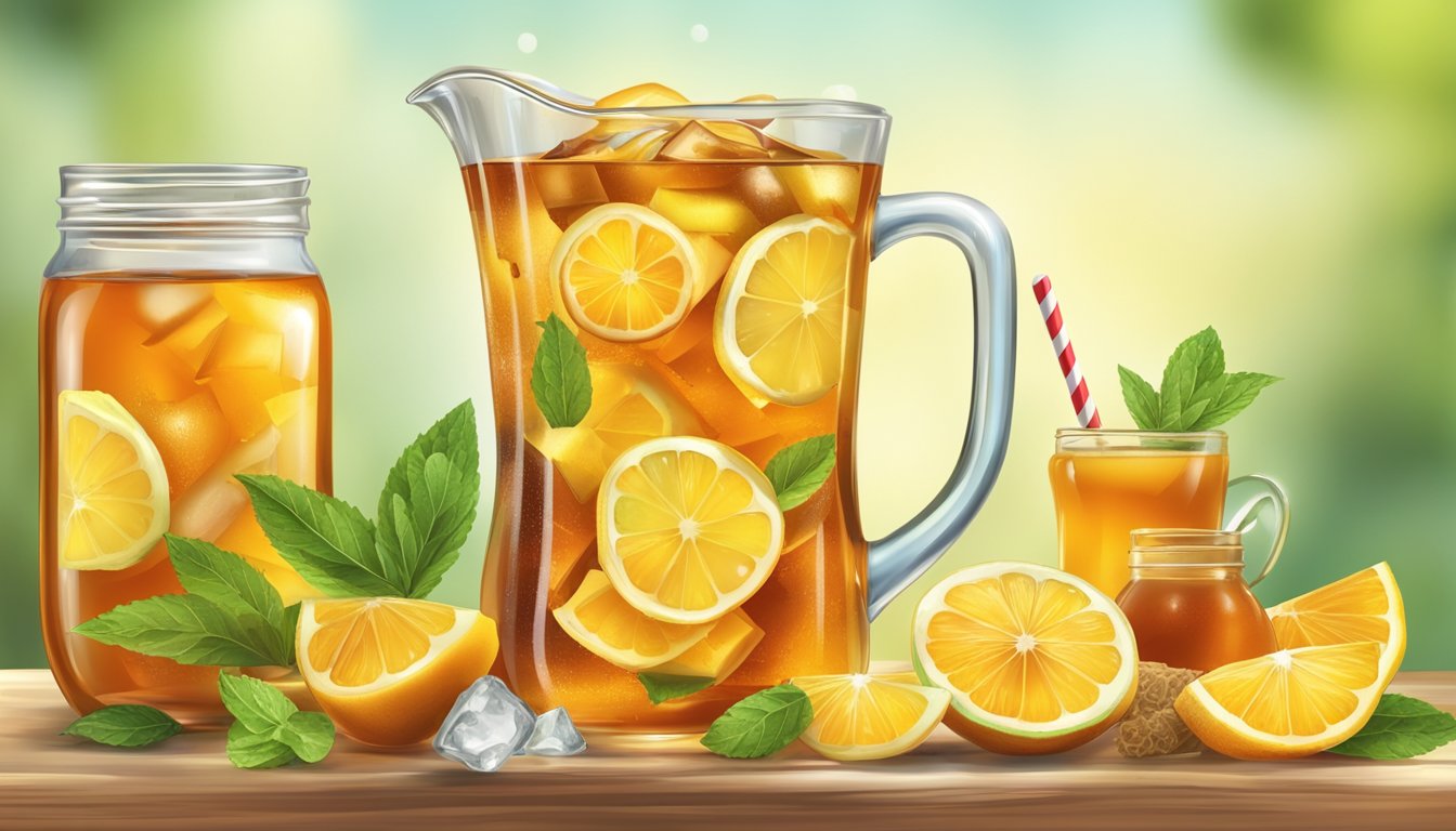 A pitcher of iced tea with fresh fruit slices and a drizzle of honey, surrounded by a variety of natural sweeteners like agave and stevia