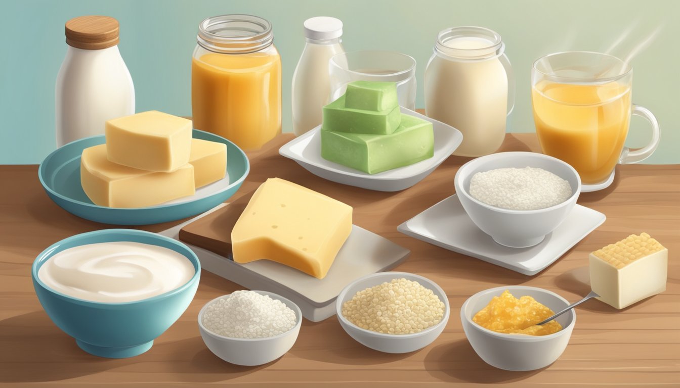 A table with various dairy alternative products, each paired with a different natural sweetener. A researcher carefully examines and compares the ingredients