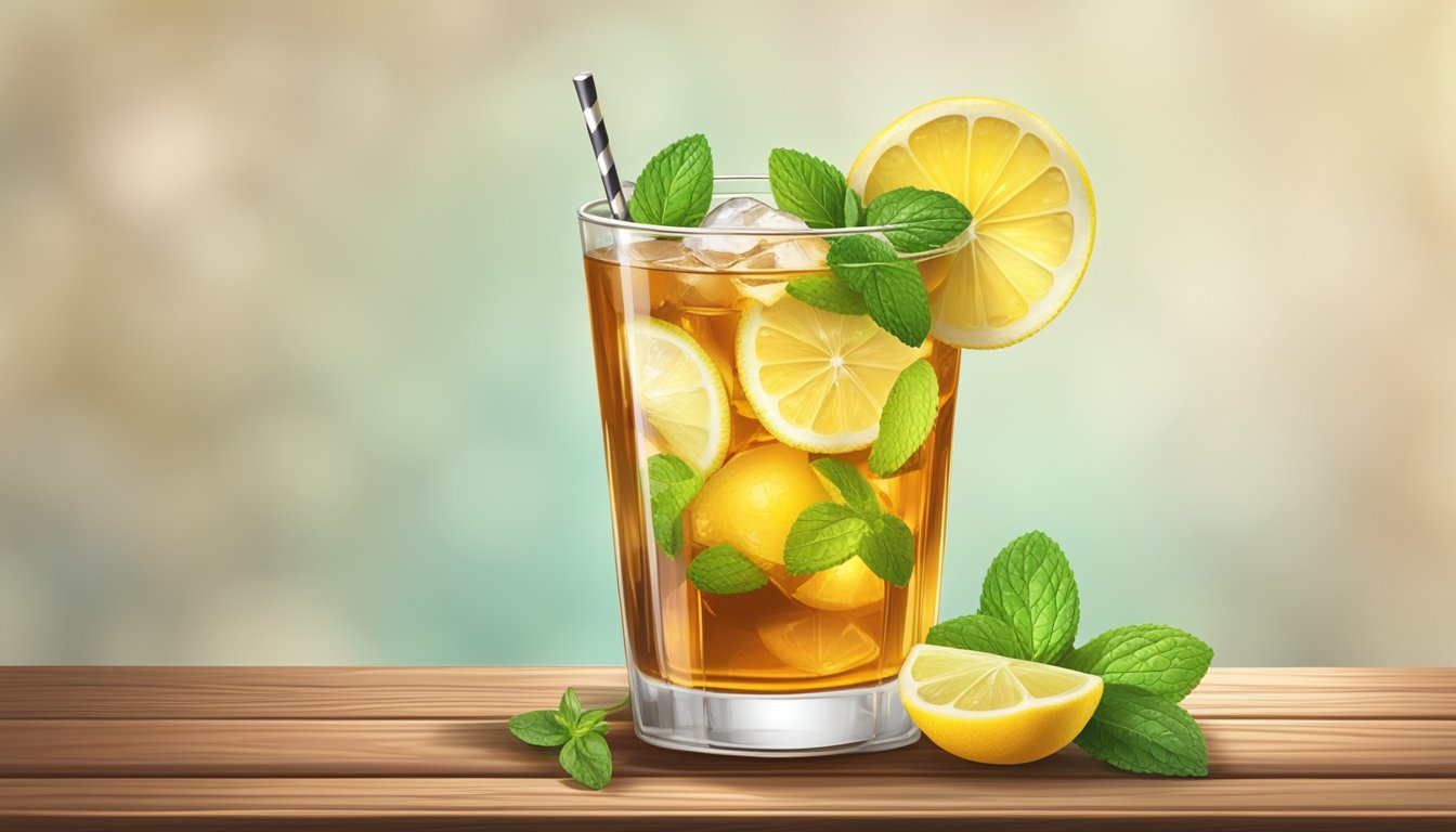 A glass of iced tea with a slice of lemon and a sprig of mint, sweetened with natural sweeteners, sits on a rustic wooden table