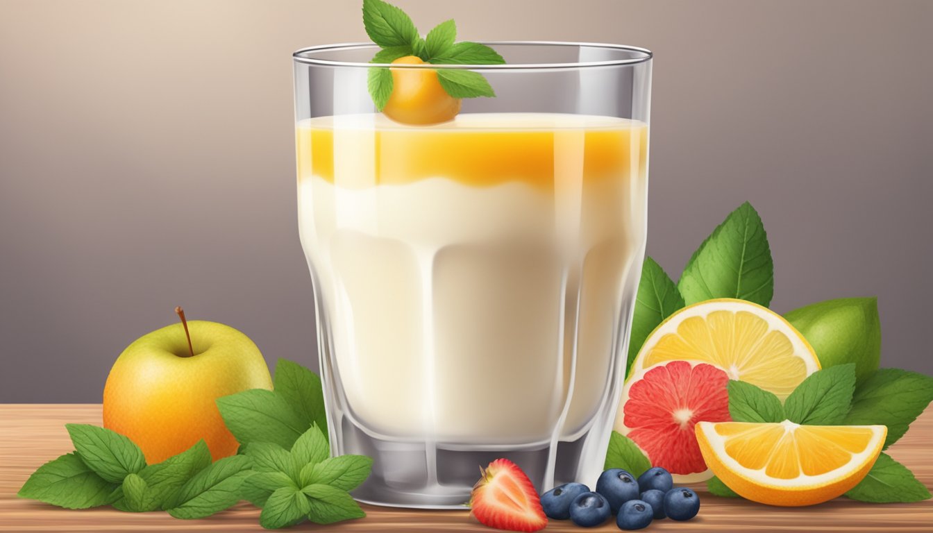 A glass of dairy alternative with natural sweeteners surrounded by fresh fruits and herbs on a wooden table