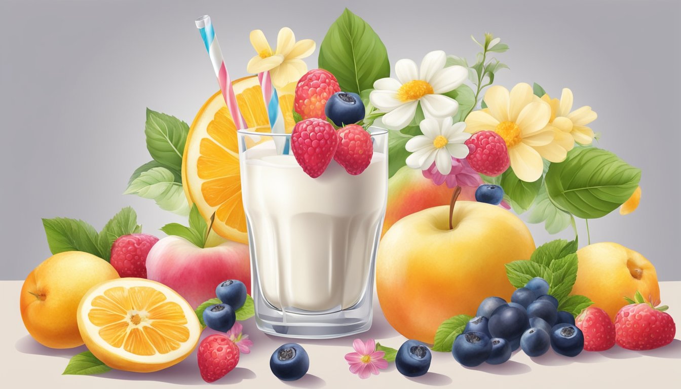 A glass of dairy alternative with natural sweeteners surrounded by fresh fruits and flowers