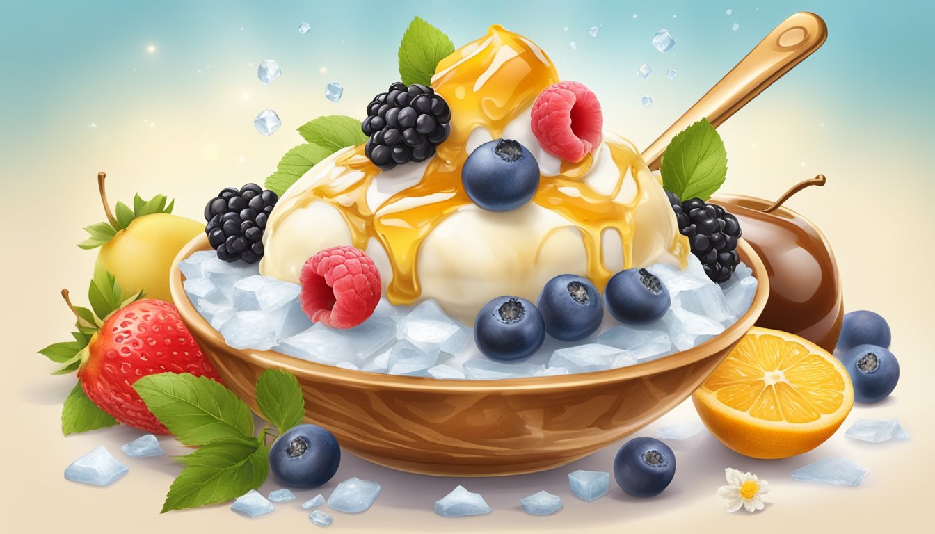 A scoop of ice cream surrounded by fresh fruit and drizzled with honey, showcasing the use of natural sweeteners in the dessert