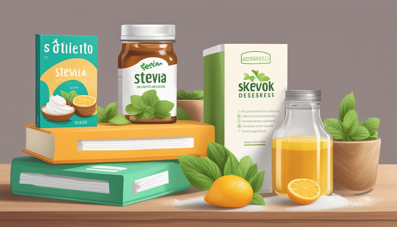 A kitchen counter with a variety of natural sweeteners, such as stevia, erythritol, and monk fruit, next to a stack of keto dessert recipe books