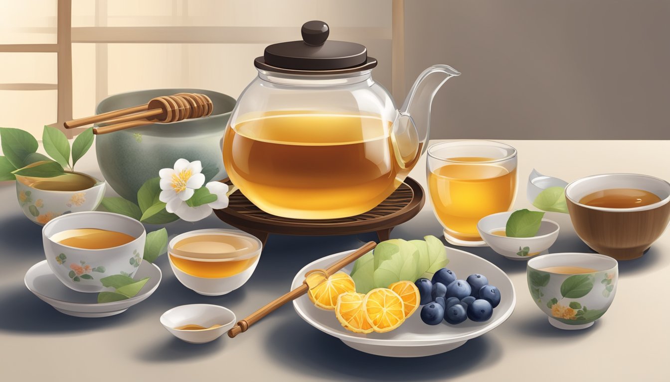 A traditional Japanese tea ceremony with a spread of natural sweeteners like honey, sugar, and fruits displayed on delicate ceramic dishes