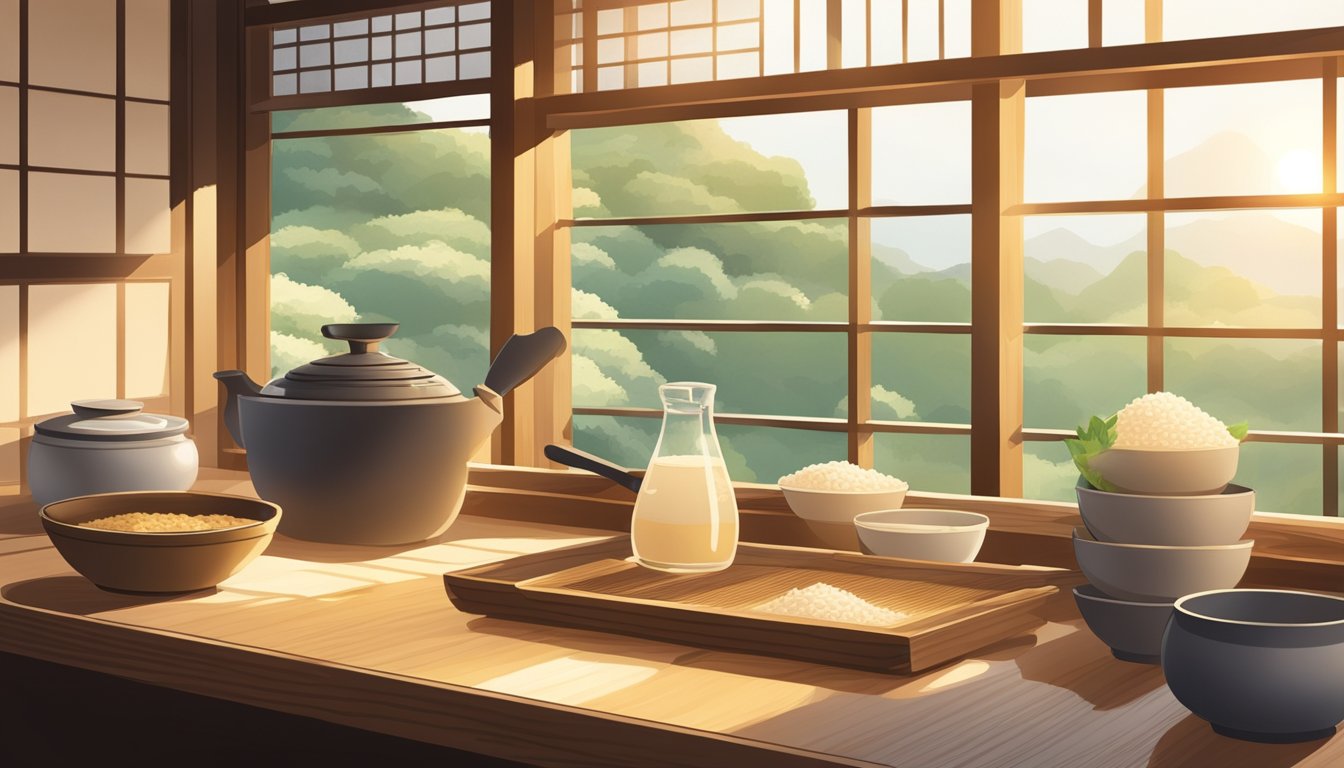 A traditional Japanese kitchen with ingredients like mirin, sake, and rice malt syrup arranged on a wooden table. Sunlight filters through a paper screen window, casting soft shadows