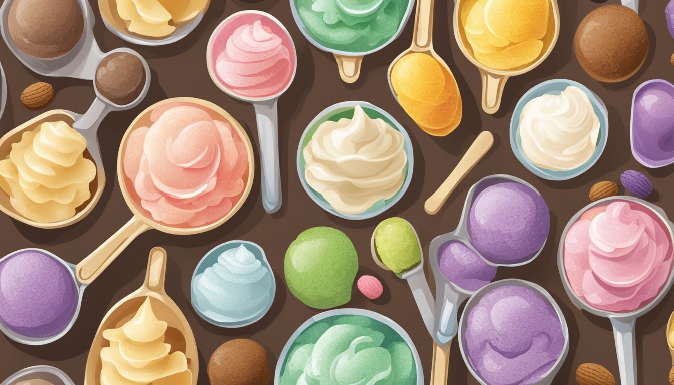 A variety of natural sweeteners arranged next to different flavored ice cream scoops