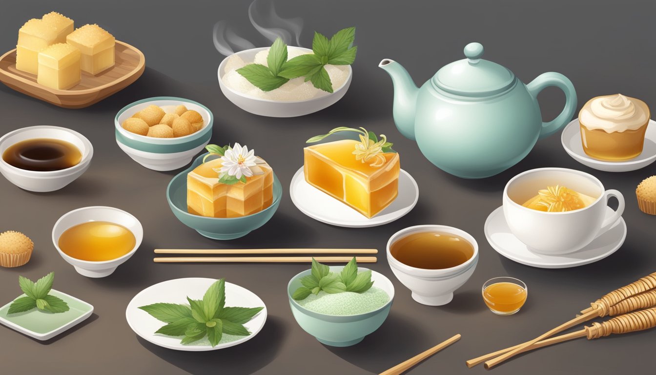 A traditional Japanese tea ceremony with various natural sweeteners like honey, agave, and stevia displayed alongside delicate pastries and desserts