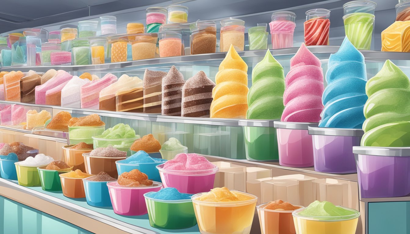 A bustling market stall displays an array of sweetened frozen treats, with natural sweeteners highlighted in colorful ice cream flavors